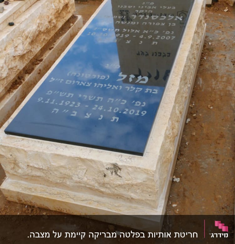 מצבה עם כיתוב בעברית על רקע אדמה